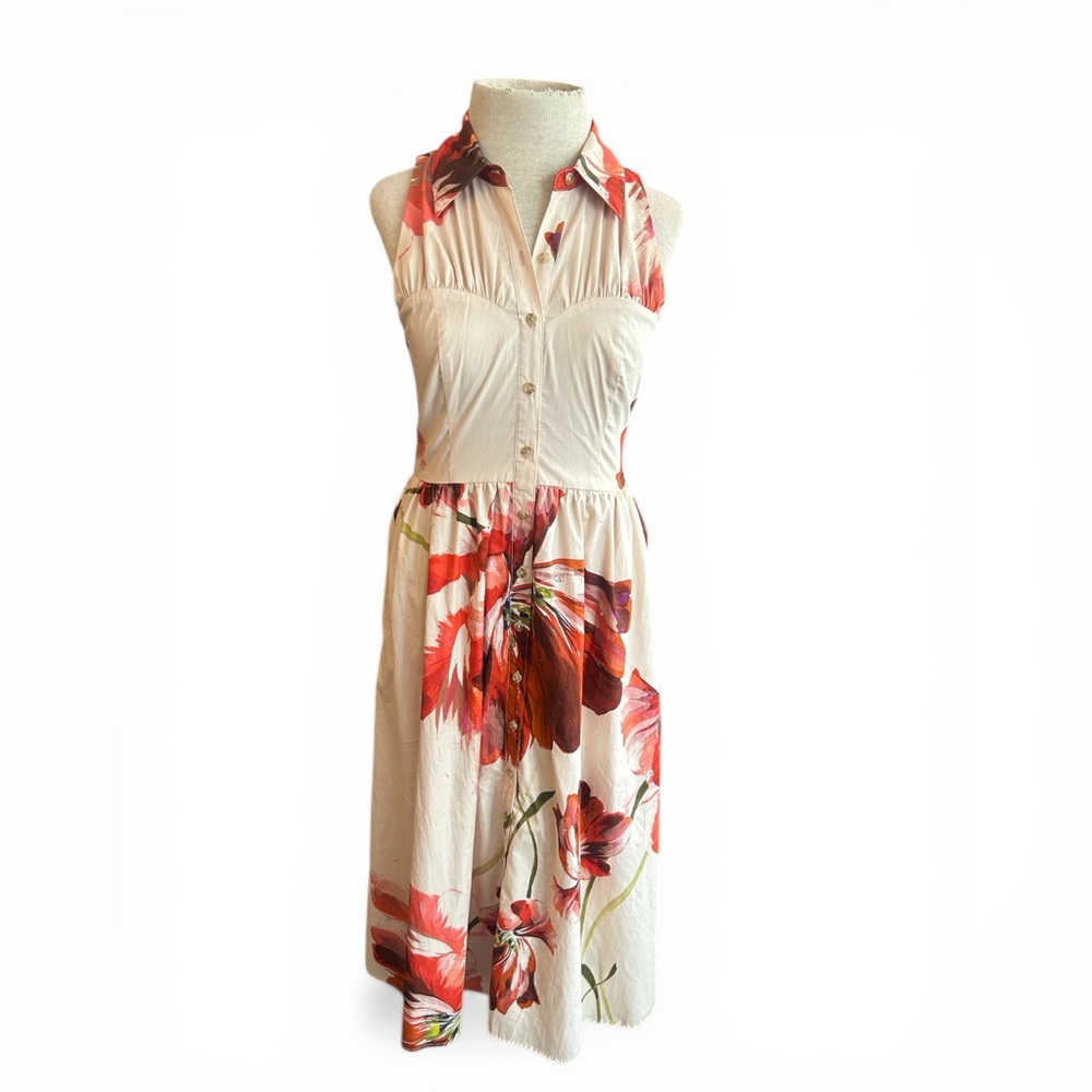 Hutch Cream Midi Dress with Red-Pink Floral Print Party, Graduation,